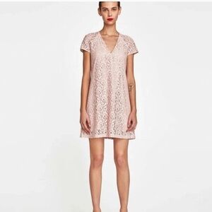 Zara Women’s Soft Pink Lace V-neck Mini Dress in Size Small